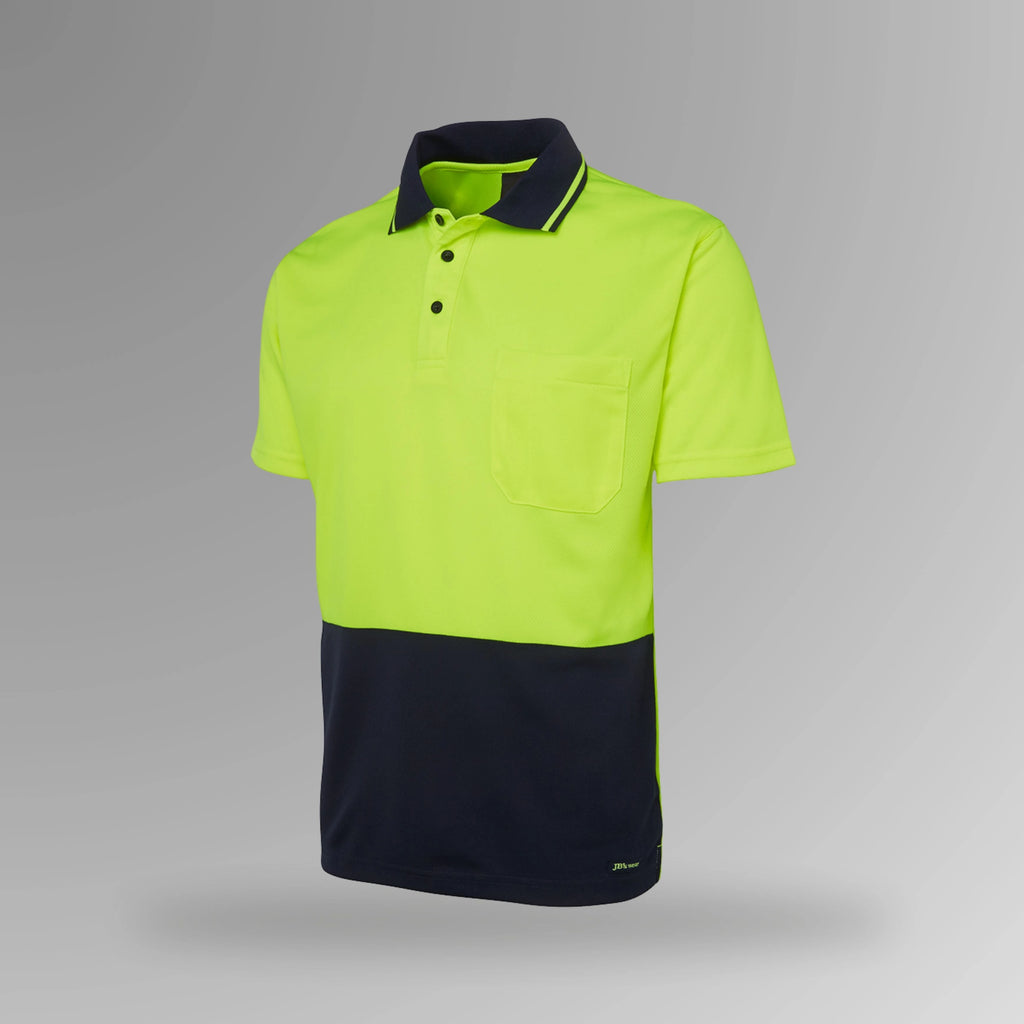 BSC 002 lime and black hi vis short sleeve polo in portrait orientation featuring high visibility yellow front with black contrast panels and chest pocket