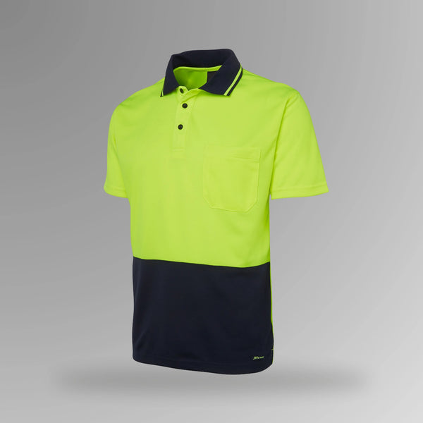 BSC 002 lime and black hi vis short sleeve polo in portrait orientation featuring high visibility yellow front with black contrast panels and chest pocket
