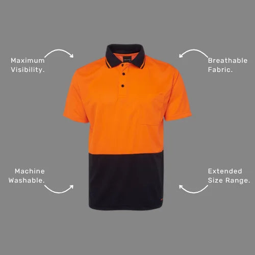 Benefits callout image featuring BSC 003 polo specifications including UPF 50+ sun protection, moisture wicking properties, and day visibility compliance with Australian standards