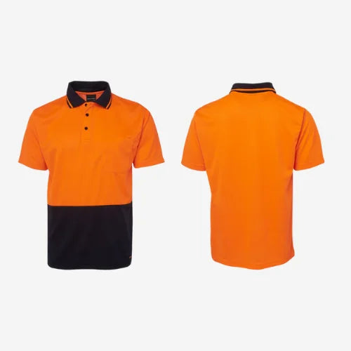 Layflat view of BSC 003 hi vis polo showing orange high visibility front panel with navy shoulders and breathable micro mesh polyester fabric