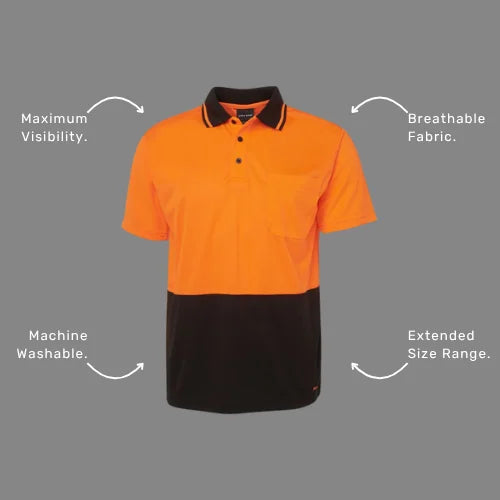 Benefits callout image highlighting BSC 004 polo features including quick dry properties, UPF 50+ sun protection, and compliance with Australian day visibility standards