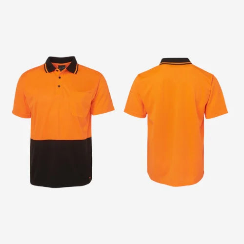 Layflat display of BSC 004 hi vis polo featuring orange high visibility body with black shoulders and micro mesh fabric for enhanced breathability