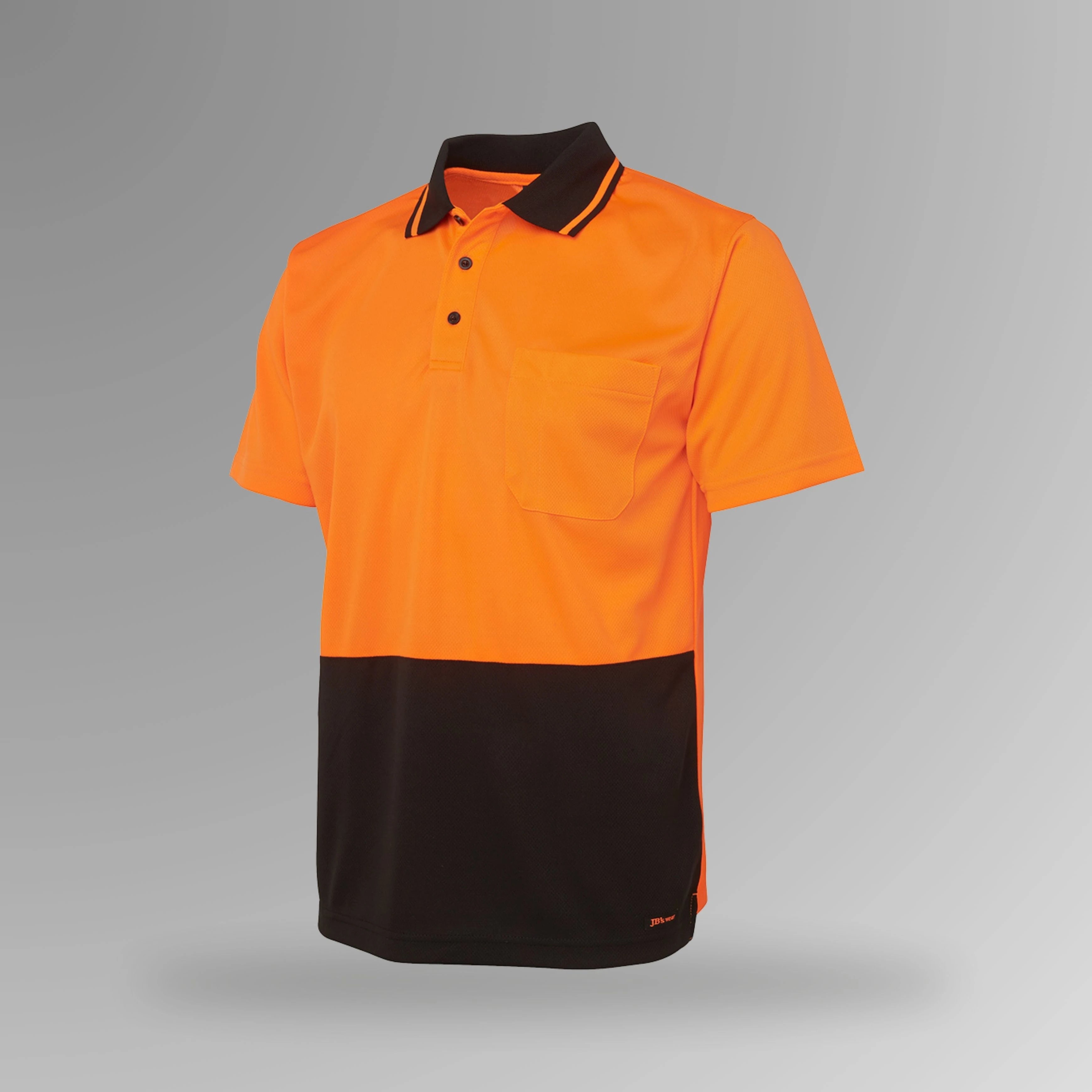 BSC 004 orange and black hi vis short sleeve polo in portrait orientation showing fluorescent orange front with black contrast panels and chest pocket detail