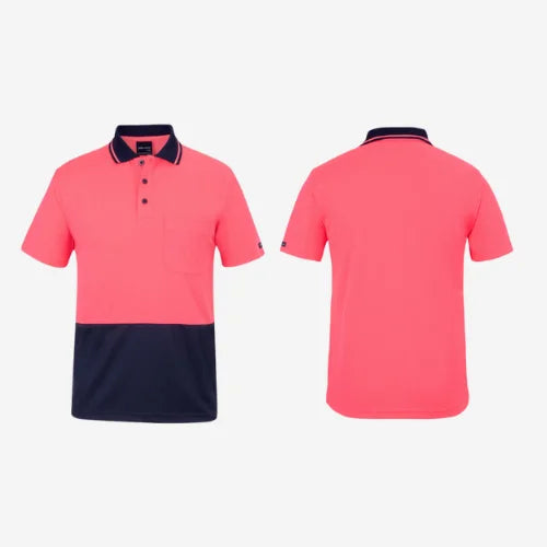 Layflat view of BSC 005 hi vis polo displaying pink high visibility front panel with navy accents and breathable micro mesh polyester construction