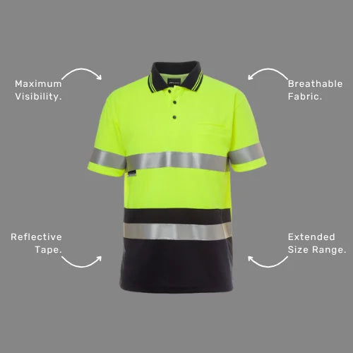 Benefits callout image highlighting BSC 006 taped polo features including reflective tape rated for 50 washes, moisture wicking fabric, and compliance with day and night visibility standards