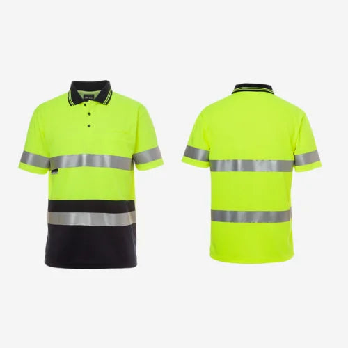 Layflat display of BSC 006 hi vis polo featuring lime yellow front with navy contrast and horizontal reflective tape for day and night safety compliance