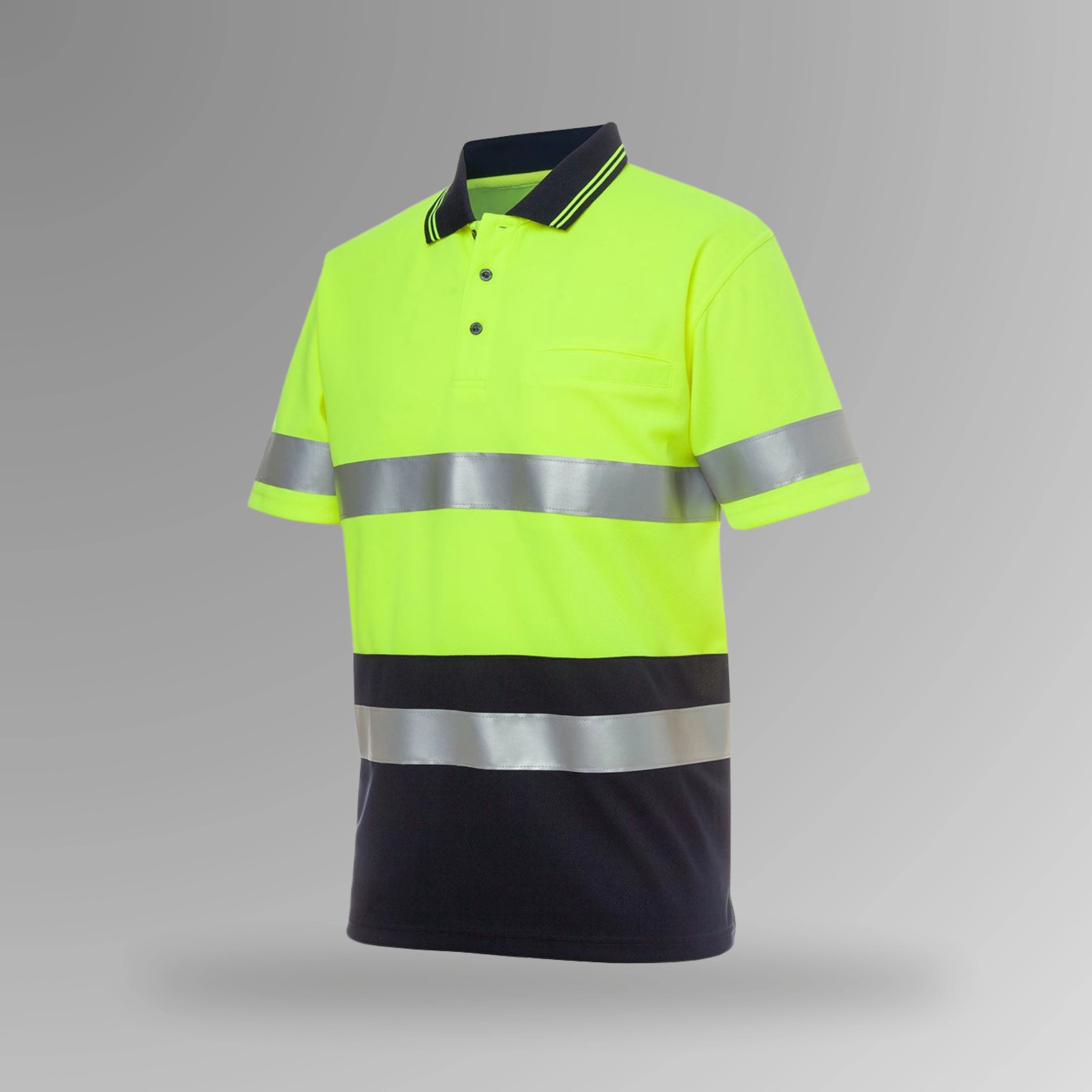 BSC 006 lime and navy hi vis taped polo in portrait view showing fluorescent lime body with reflective tape strips across chest and waist for night visibility