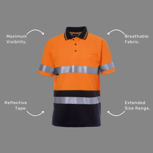 Benefits callout image featuring BSC 007 taped polo specifications including durable reflective tape, moisture wicking properties, and day and night visibility compliance