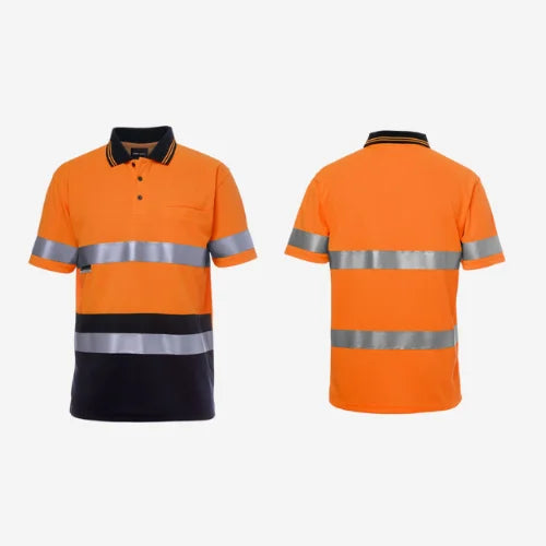 Layflat view of BSC 007 hi vis polo displaying orange high visibility front with reflective tape strips and breathable micro mesh construction