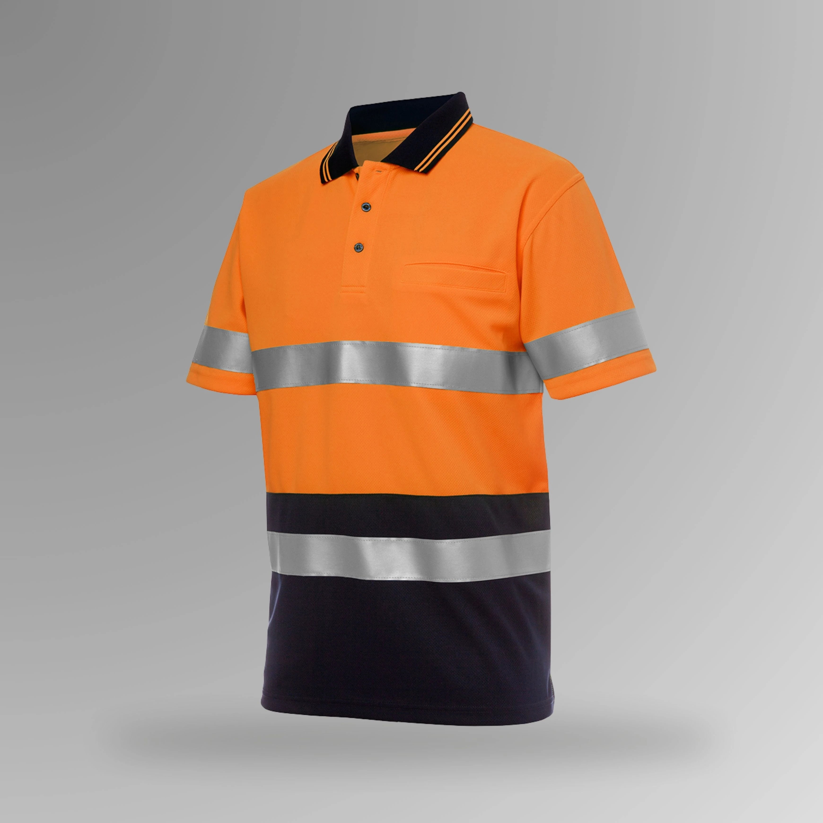 BSC 007 orange and navy hi vis taped polo in upright orientation showing fluorescent orange body with navy contrast and reflective tape for enhanced visibility
