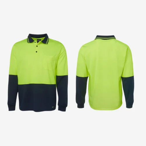 Layflat display of BSC 008 hi vis long sleeve polo featuring lime high visibility front with navy shoulders and breathable micro mesh polyester fabric