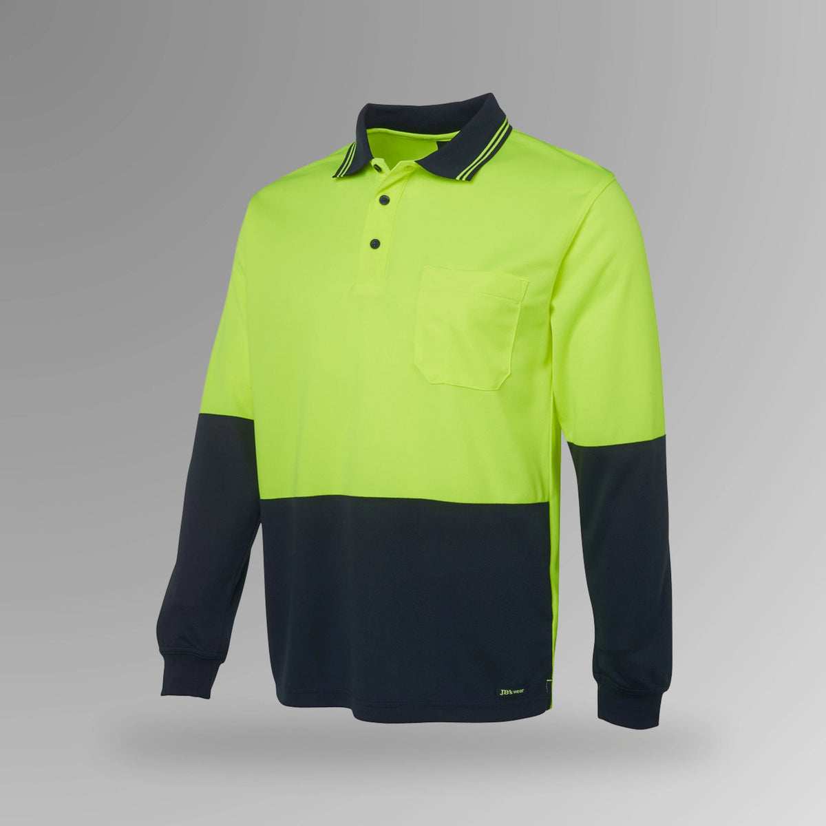 BSC 008 lime and navy hi vis long sleeve polo in portrait view showing fluorescent lime body with navy contrast and full length sleeves for sun protection