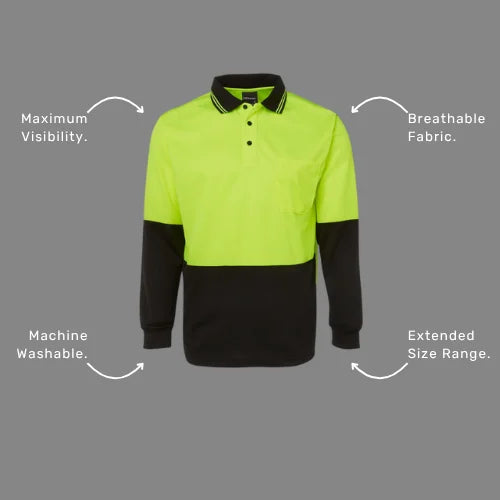 Benefits callout image highlighting BSC 009 long sleeve polo features including quick dry properties, UPF 50+ sun protection, and Australian day visibility standard compliance