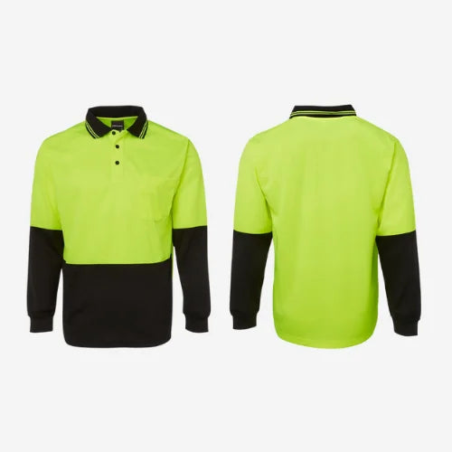 Layflat view of BSC 009 hi vis long sleeve polo displaying lime body with black shoulders and full length sleeves in breathable micro mesh fabric