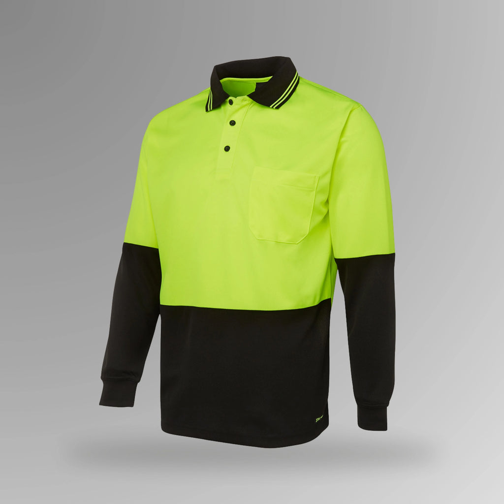 BSC 009 lime and black hi vis long sleeve polo in upright orientation showing fluorescent lime front with black contrast panels and reinforced chest pocket