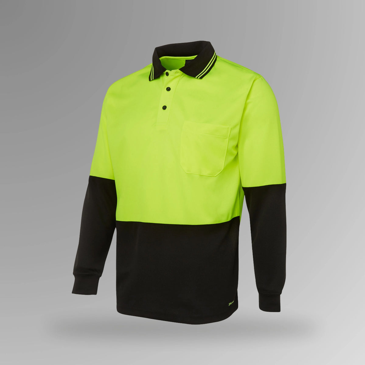 BSC 009 lime and black hi vis long sleeve polo in upright orientation showing fluorescent lime front with black contrast panels and reinforced chest pocket