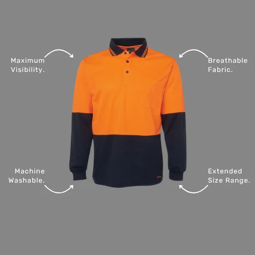 Benefits callout image showing BSC 010 long sleeve polo specifications including moisture wicking fabric, UPF 50+ sun protection, and day visibility compliance