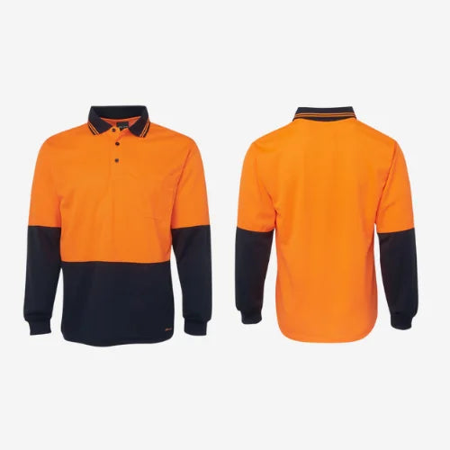 Layflat display of BSC 010 hi vis long sleeve polo featuring orange high visibility front with navy accents and breathable micro mesh construction