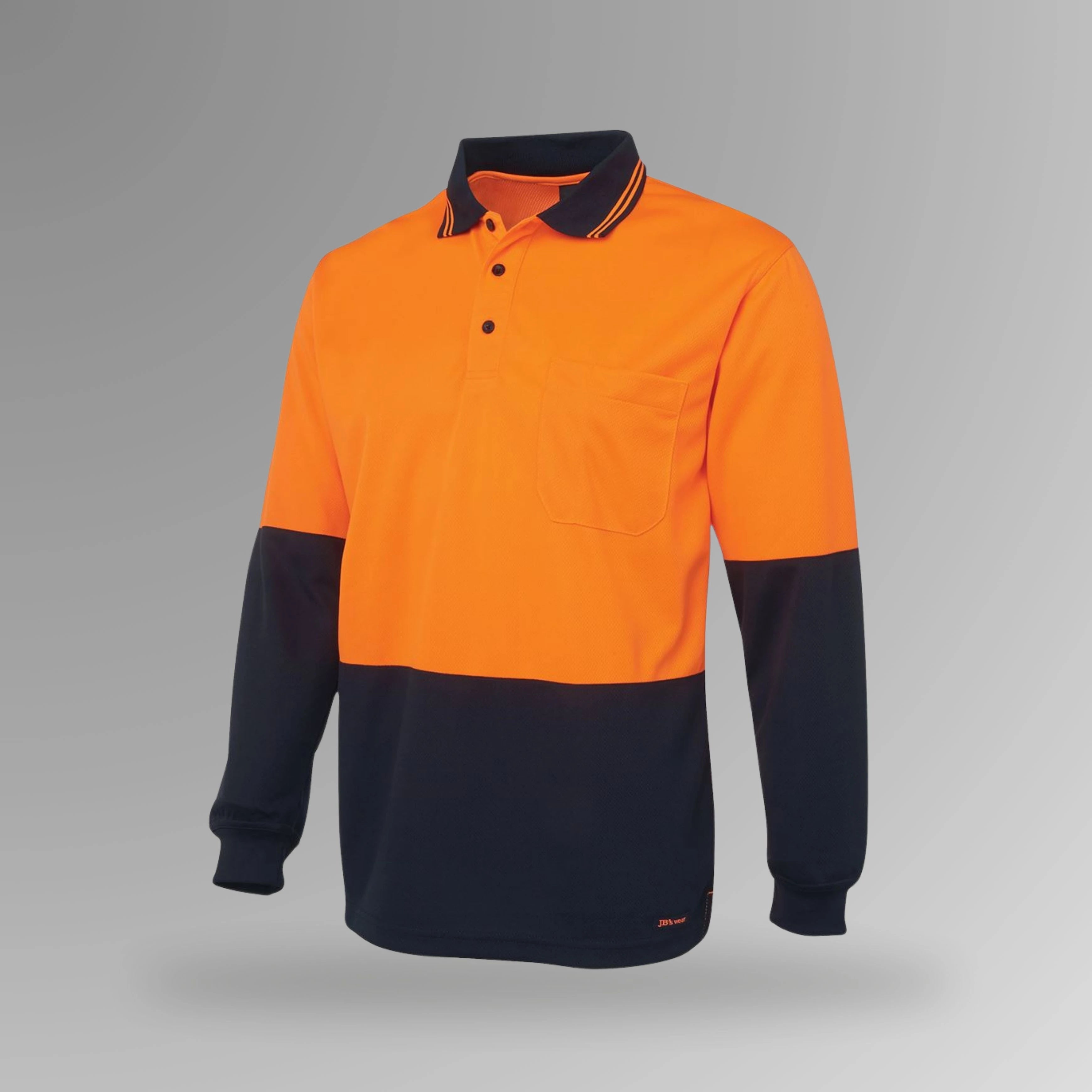 BSC 010 orange and navy hi vis long sleeve polo in portrait view showing fluorescent orange body with navy contrast and full arm coverage for sun safety