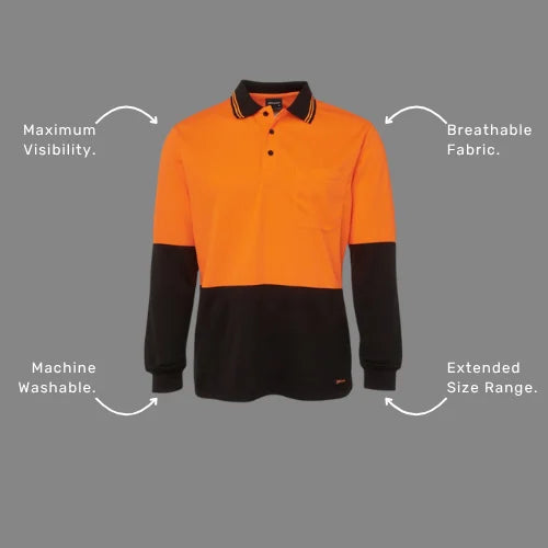 Benefits callout image featuring BSC 011 long sleeve polo features including quick dry technology, UPF 50+ sun protection, and Australian safety standard compliance