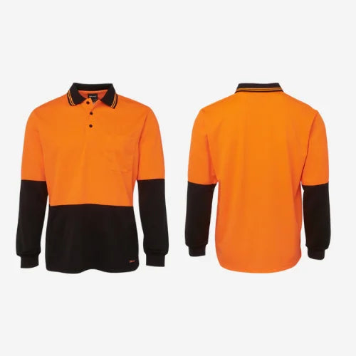 Layflat view of BSC 011 hi vis long sleeve polo displaying orange body with black shoulders and breathable micro mesh polyester fabric construction