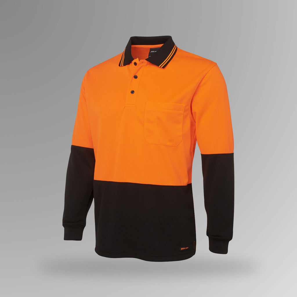 BSC 011 orange and black hi vis long sleeve polo in upright orientation showing fluorescent orange front with black contrast and full length sleeves
