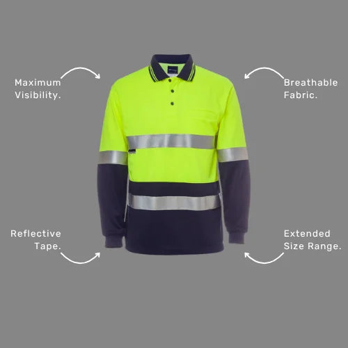Benefits callout image highlighting BSC 012 taped long sleeve polo features including durable reflective tape, moisture wicking properties, and day and night visibility certification