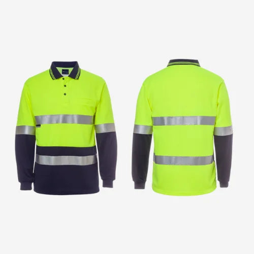 Layflat display of BSC 012 hi vis long sleeve polo featuring lime front with navy contrast and horizontal reflective tape for enhanced safety compliance