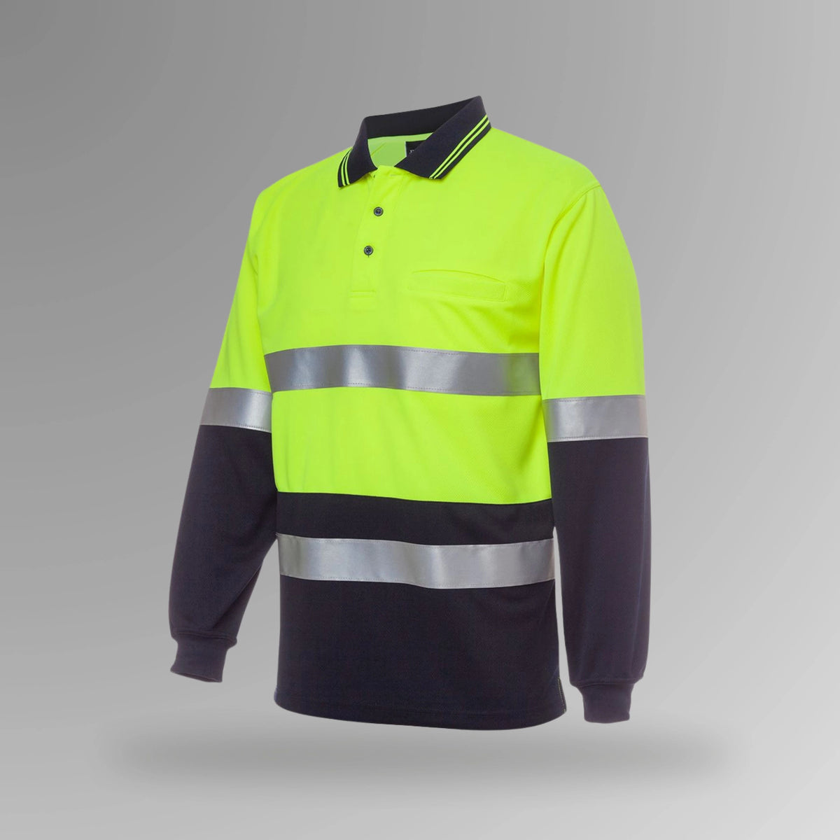 BSC 012 lime and navy hi vis taped long sleeve polo in portrait view showing fluorescent lime body with reflective tape strips for night visibility and full arm coverage