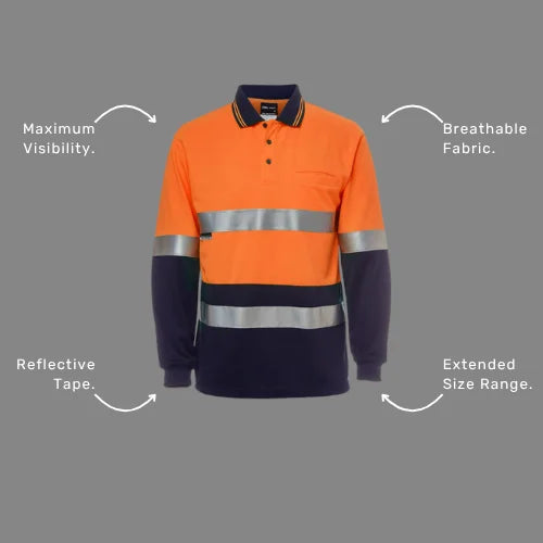 Benefits callout image showing BSC 013 taped long sleeve polo specifications including reflective tape rated for 50 washes, UPF 50+ protection, and day and night safety compliance