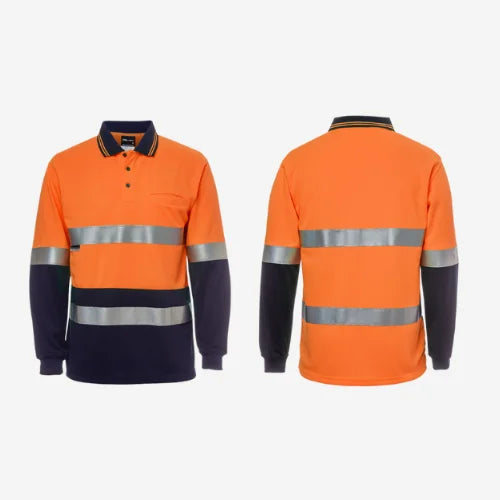 Layflat view of BSC 013 hi vis long sleeve polo displaying orange high visibility front with reflective tape strips and breathable micro mesh fabric
