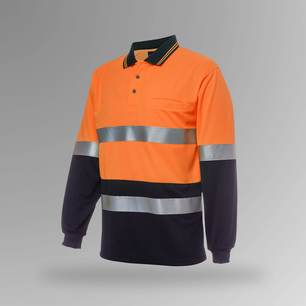 BSC 013 orange and navy hi vis taped long sleeve polo in upright orientation showing fluorescent orange body with navy contrast and reflective tape for enhanced visibility