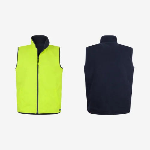 Layflat display of BSC 101 hi vis reversible vest featuring lime high visibility outer shell with waterproof coating and navy polar fleece interior lining