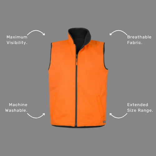 Benefits callout image showing BSC 102 reversible vest specifications including sealed seams, 20,000mm waterproof rating, and zip compatibility with jacket system