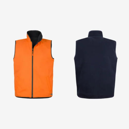 Layflat display of BSC 102 hi vis reversible vest featuring orange high visibility shell with waterproof coating and navy polar fleece interior for warmth
