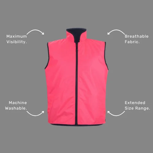 Benefits callout image featuring BSC 103 reversible vest features including 20,000mm waterproof rating, sealed seams, and compatibility with matching jacket system