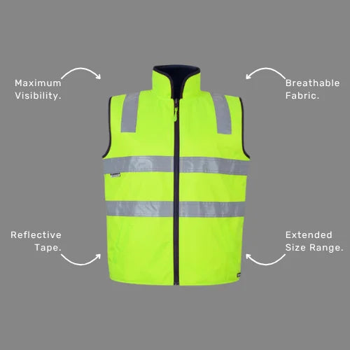 Benefits callout image highlighting BSC 104 reversible vest features including reflective tape rated for 50 washes, 20,000mm waterproof rating, and day and night safety compliance