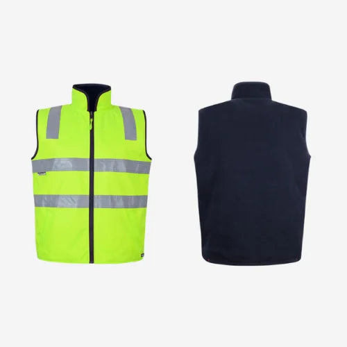 Layflat display of BSC 104 hi vis reversible vest featuring lime outer shell with horizontal reflective tape for night visibility and navy polar fleece interior