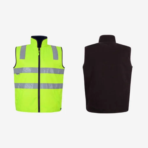 Layflat view of BSC 105 hi vis reversible vest displaying lime shell with reflective tape strips for night visibility and black polar fleece interior lining