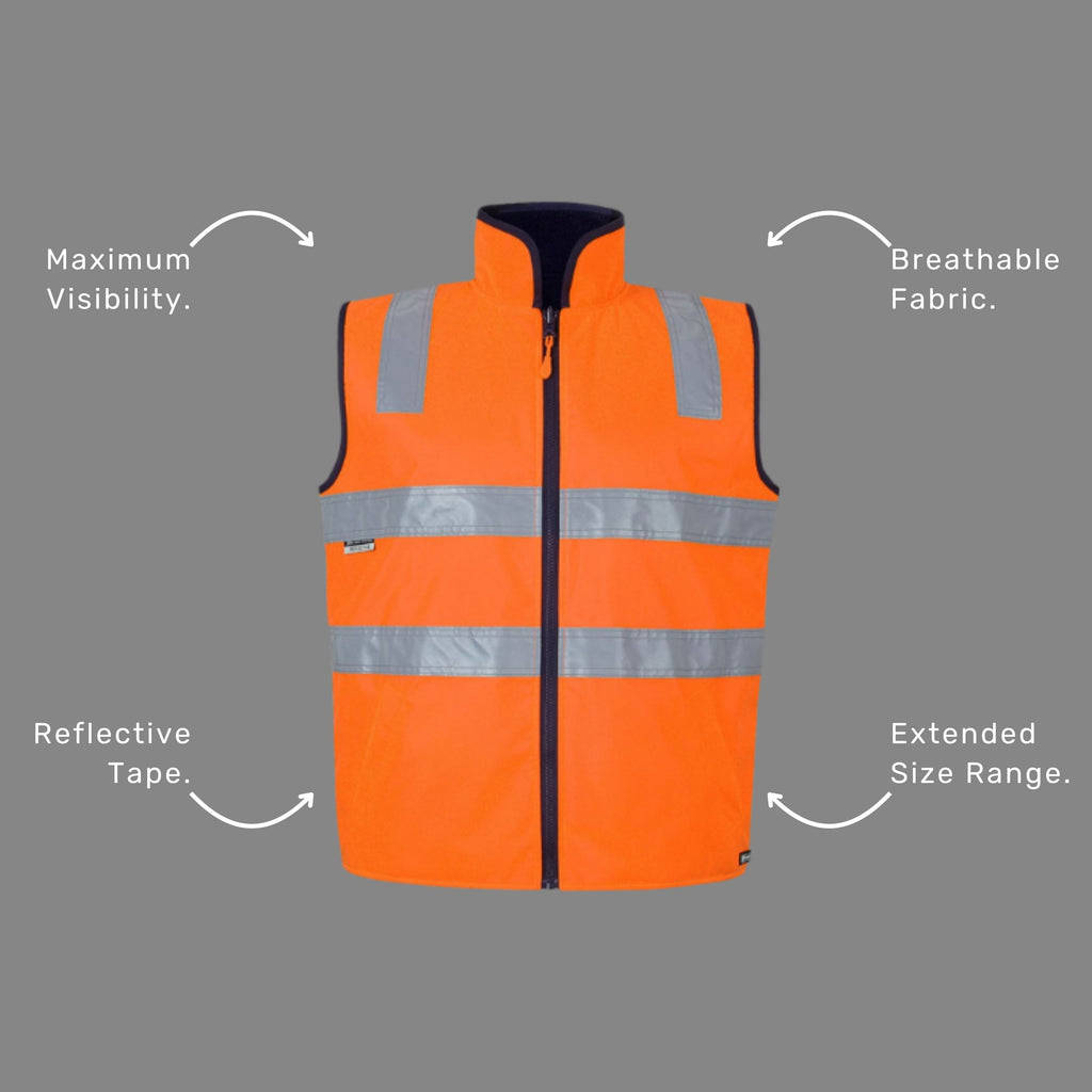 Benefits callout image featuring BSC 106 reversible vest features including 20,000mm waterproof rating, reflective tape, and zip compatibility with jacket system
