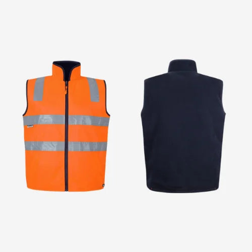 Layflat display of BSC 106 hi vis reversible vest featuring orange outer shell with horizontal reflective tape strips and navy polar fleece interior