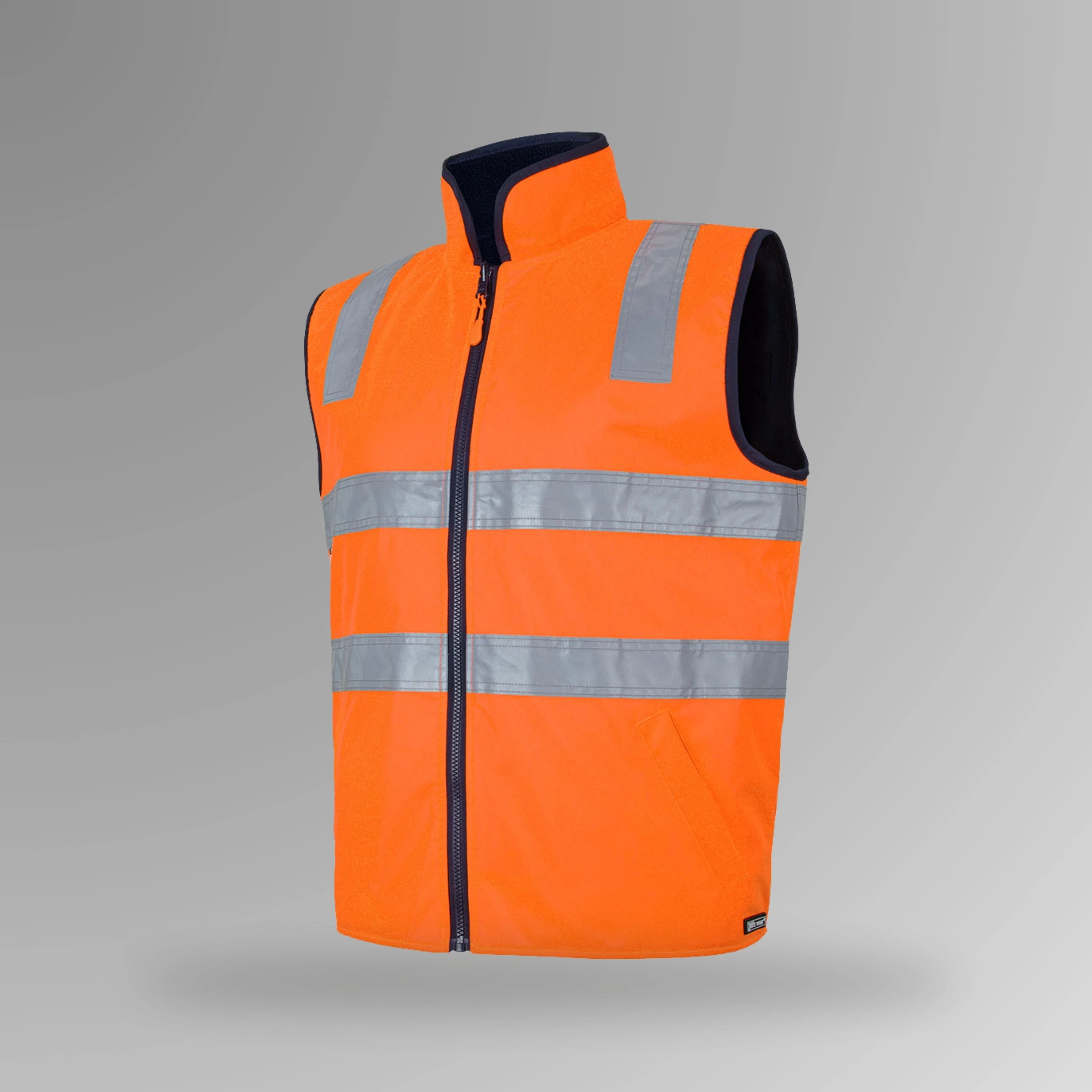 BSC 107 orange and black hi vis reversible taped vest in upright orientation showing fluorescent orange body with reflective tape and black fleece lining visible at neck