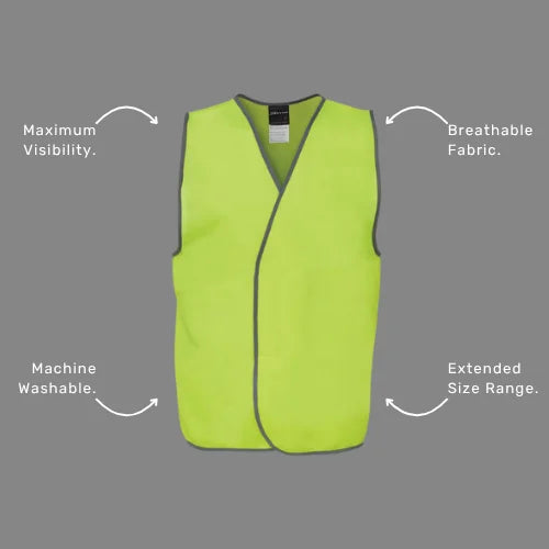 Benefits callout image highlighting BSC 109 safety vest features including easy access hook and pile closure, durable tricot construction, and day visibility compliance