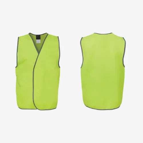 Layflat view of BSC 109 hi vis safety vest displaying lime fluorescent tricot fabric with velcro front closure and grey binding at edges