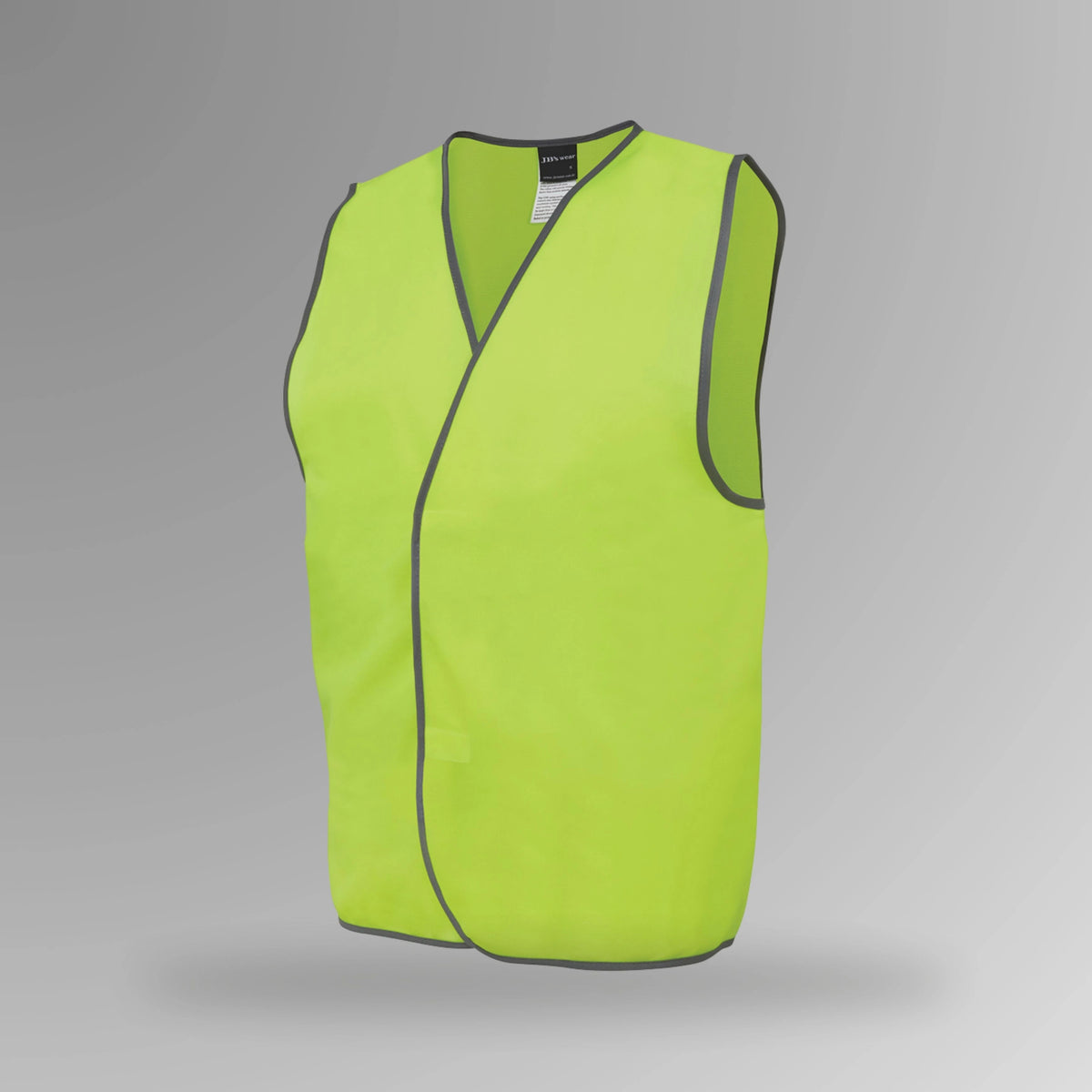 BSC 109 lime hi vis velcro safety vest in portrait orientation showing fluorescent yellow body with front flap Hook and pile velcro tape closure and grey contrast binding