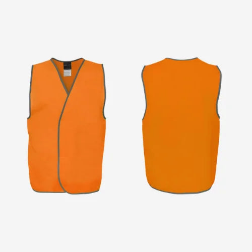 Layflat display of BSC 110 hi vis safety vest featuring orange fluorescent tricot fabric with velcro front closure and grey binding at edges