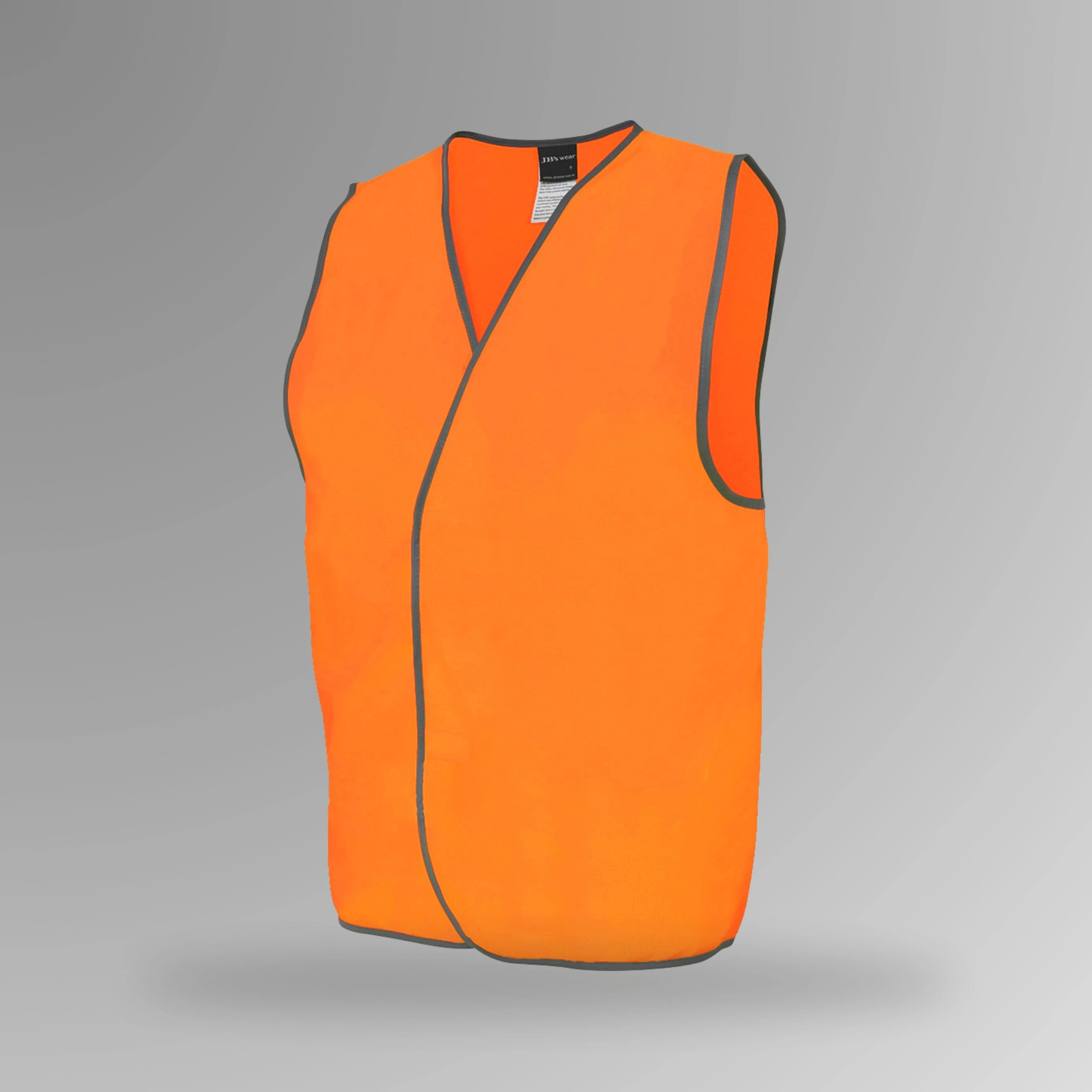BSC 110 orange hi vis velcro safety vest in upright view showing fluorescent orange body with front flap Hook and pile velcro tape closure and grey contrast binding
