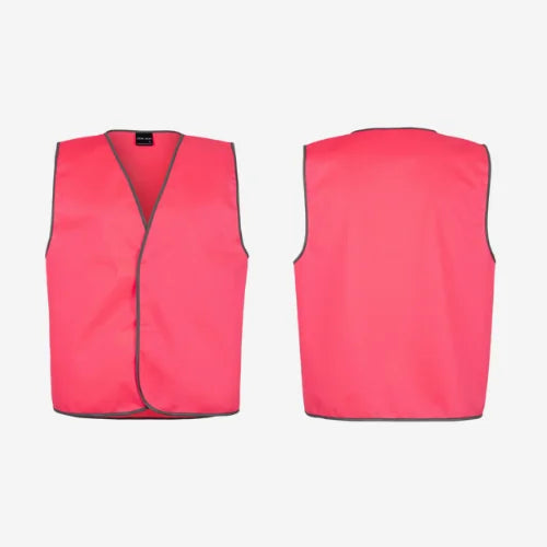 Layflat view of BSC 111 hi vis safety vest displaying pink fluorescent tricot fabric with velcro front closure and grey binding at edges