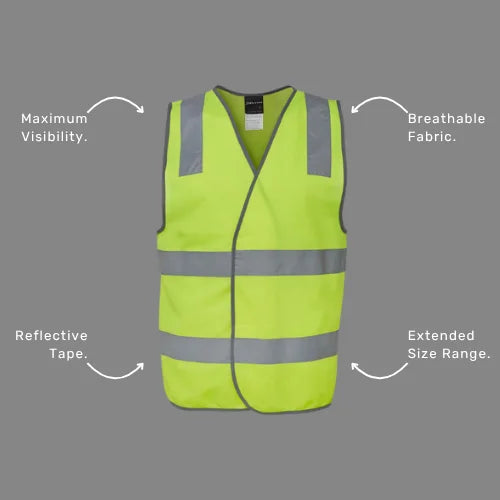 Benefits callout image highlighting BSC 112 taped vest features including reflective tape for enhanced visibility, Hook and pile velcro closure, and day and night safety compliance