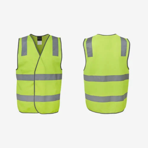Layflat display of BSC 112 hi vis taped vest featuring lime tricot fabric with reflective tape for night visibility and grey contrast binding
